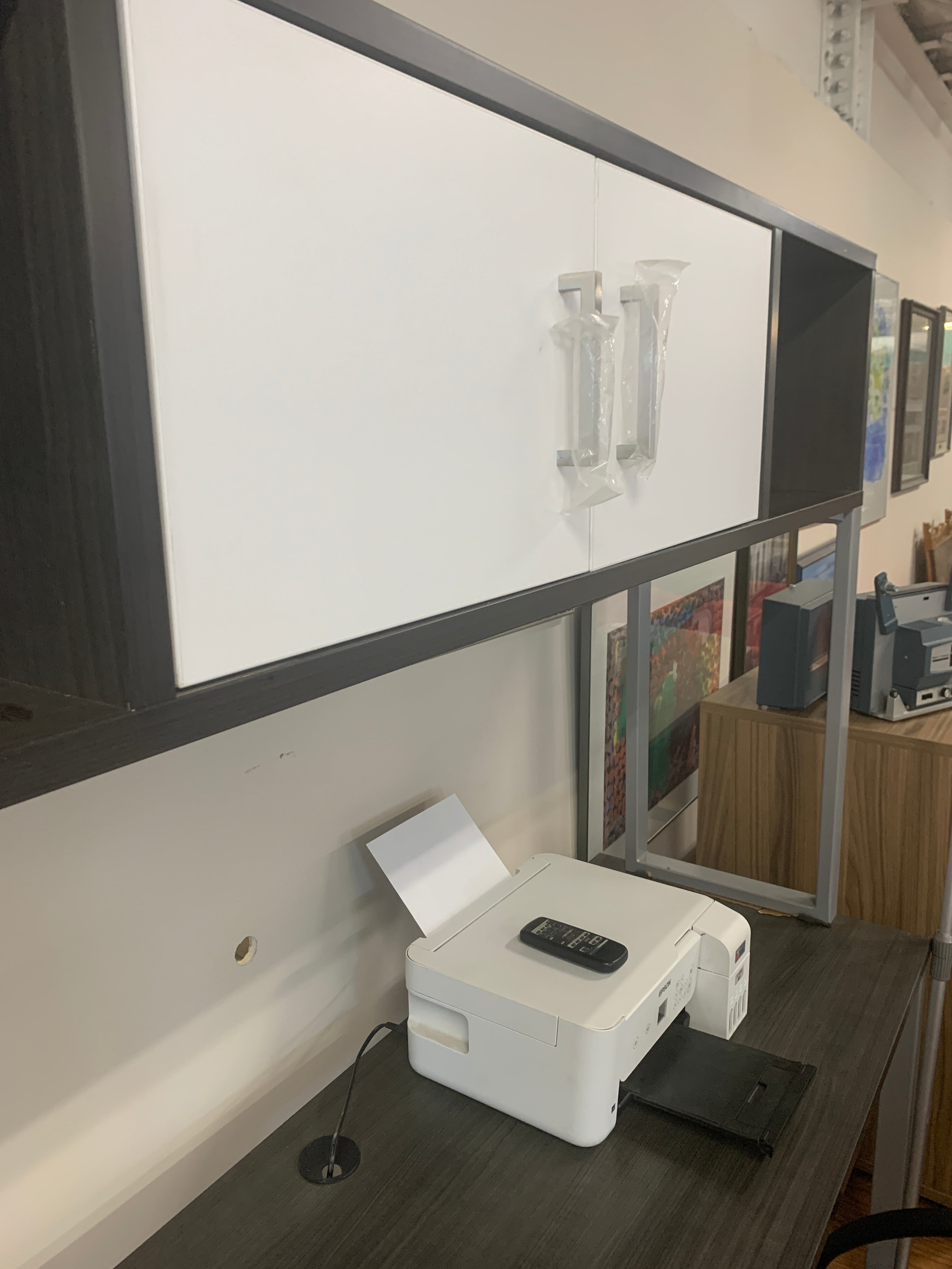 Floor Model IOF Custom Desk unit with upper hutch