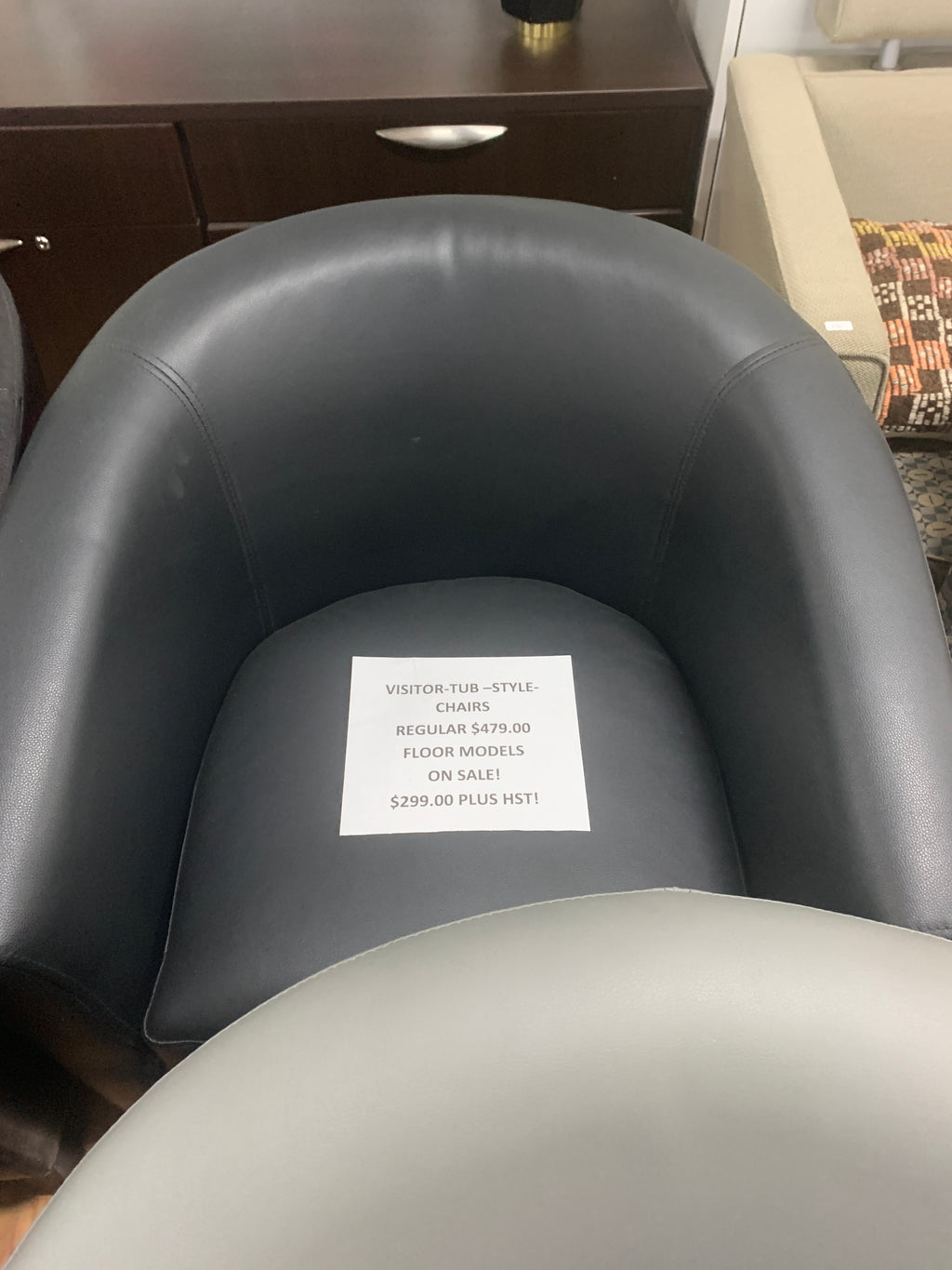 Floor Model Vinyl and Fabric Tub Chairs-3 left
