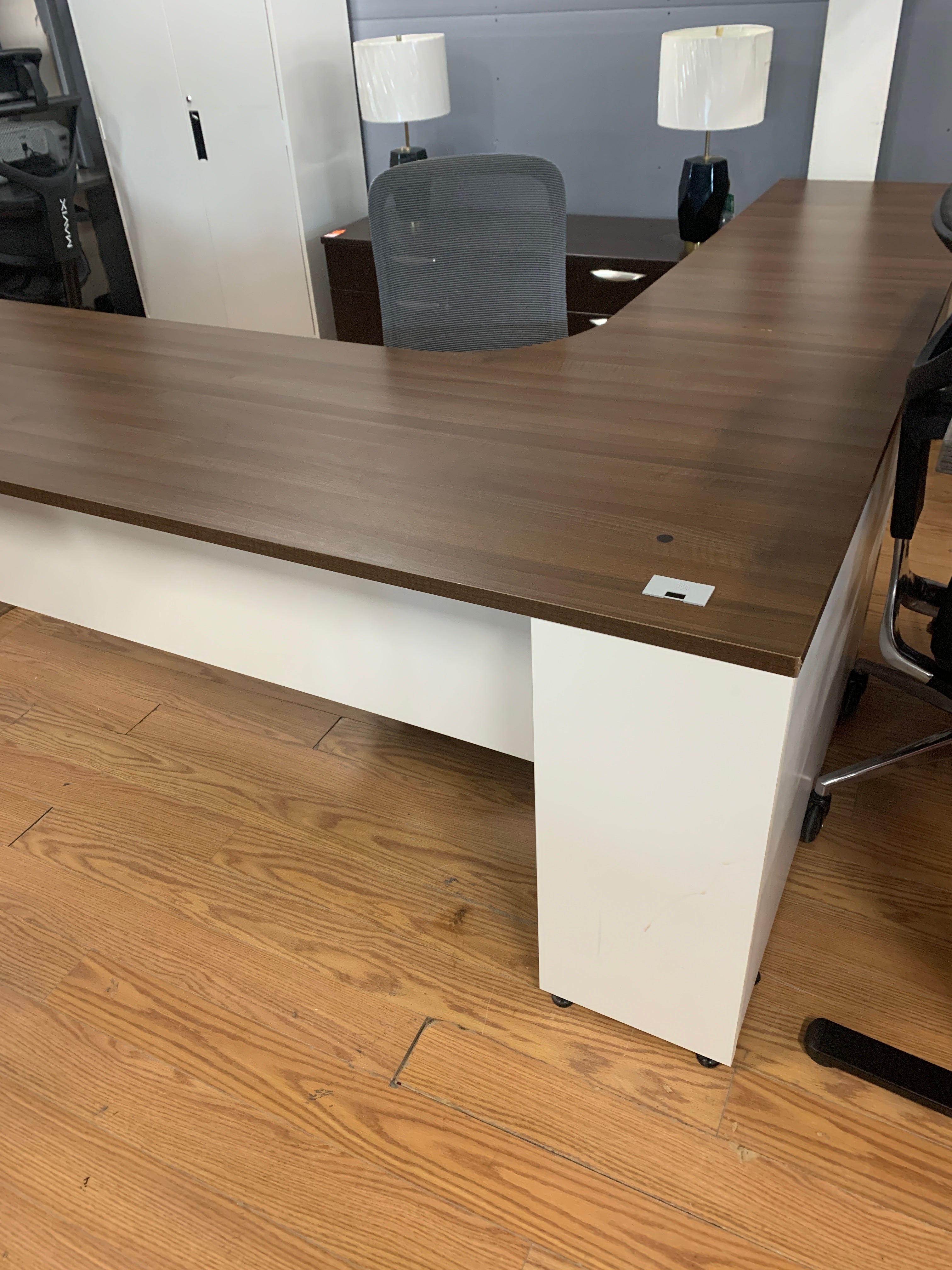 Preloved Large L-Shape desk with modesty and cable cutouts 102 inches x 84 inches