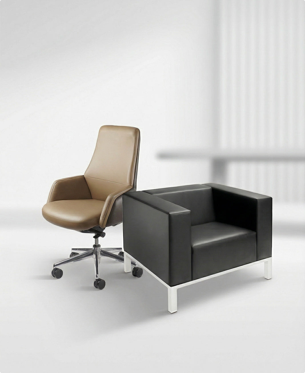 Brown office chair and black armchair on a white background