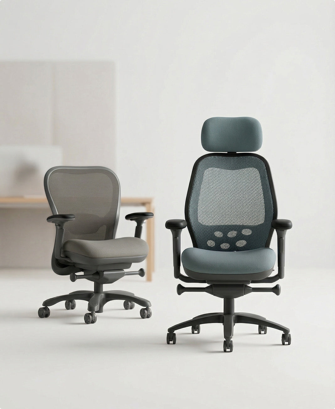 Two office chairs, one with a headrest, on a white background