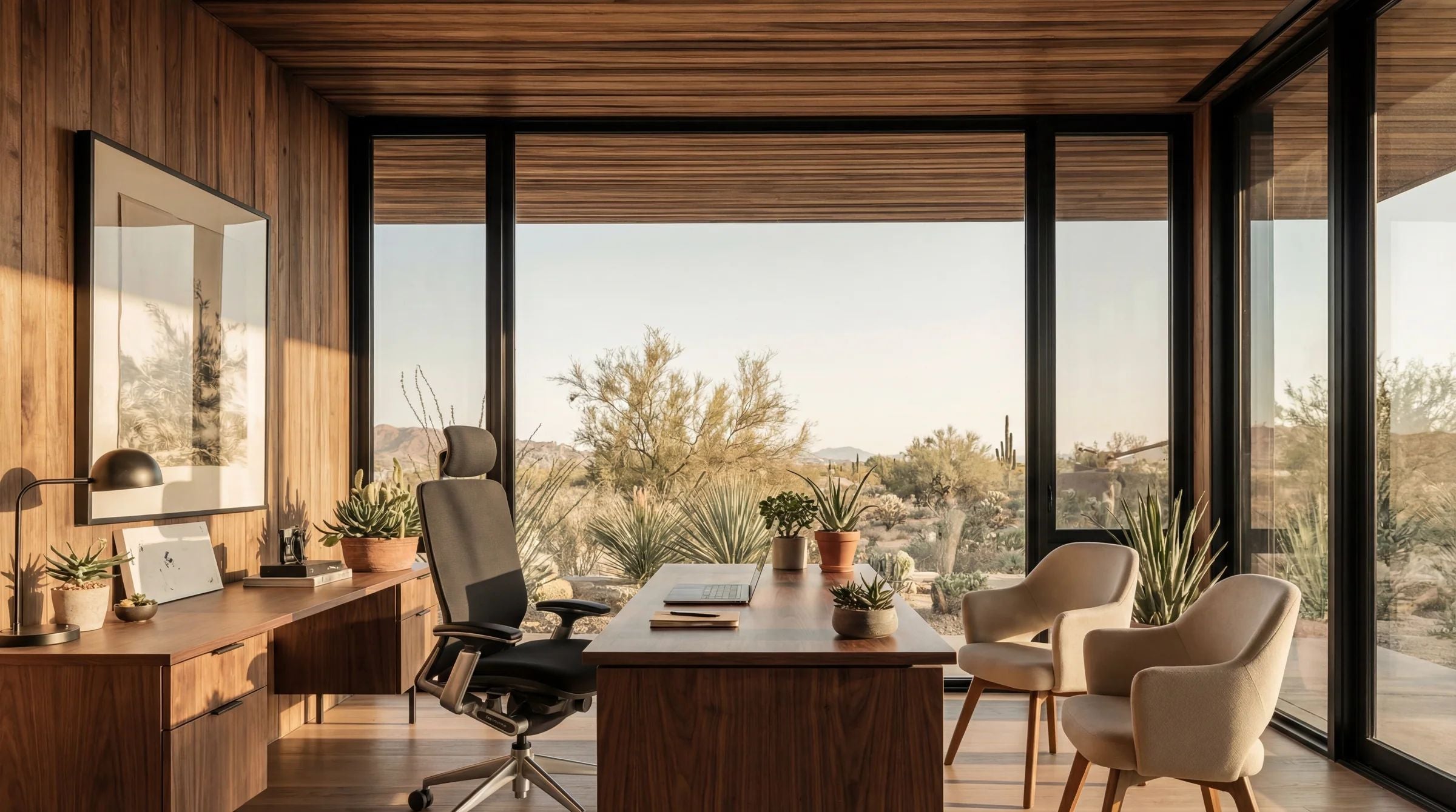 Modern office with large windows, wooden furniture, and outdoor view.