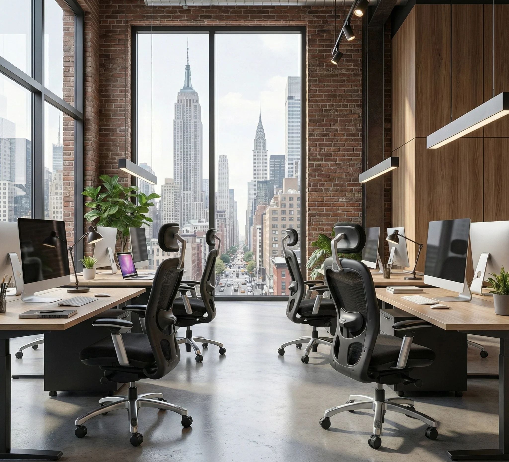 Modern office with large windows overlooking a cityscape, featuring desks and chairs.