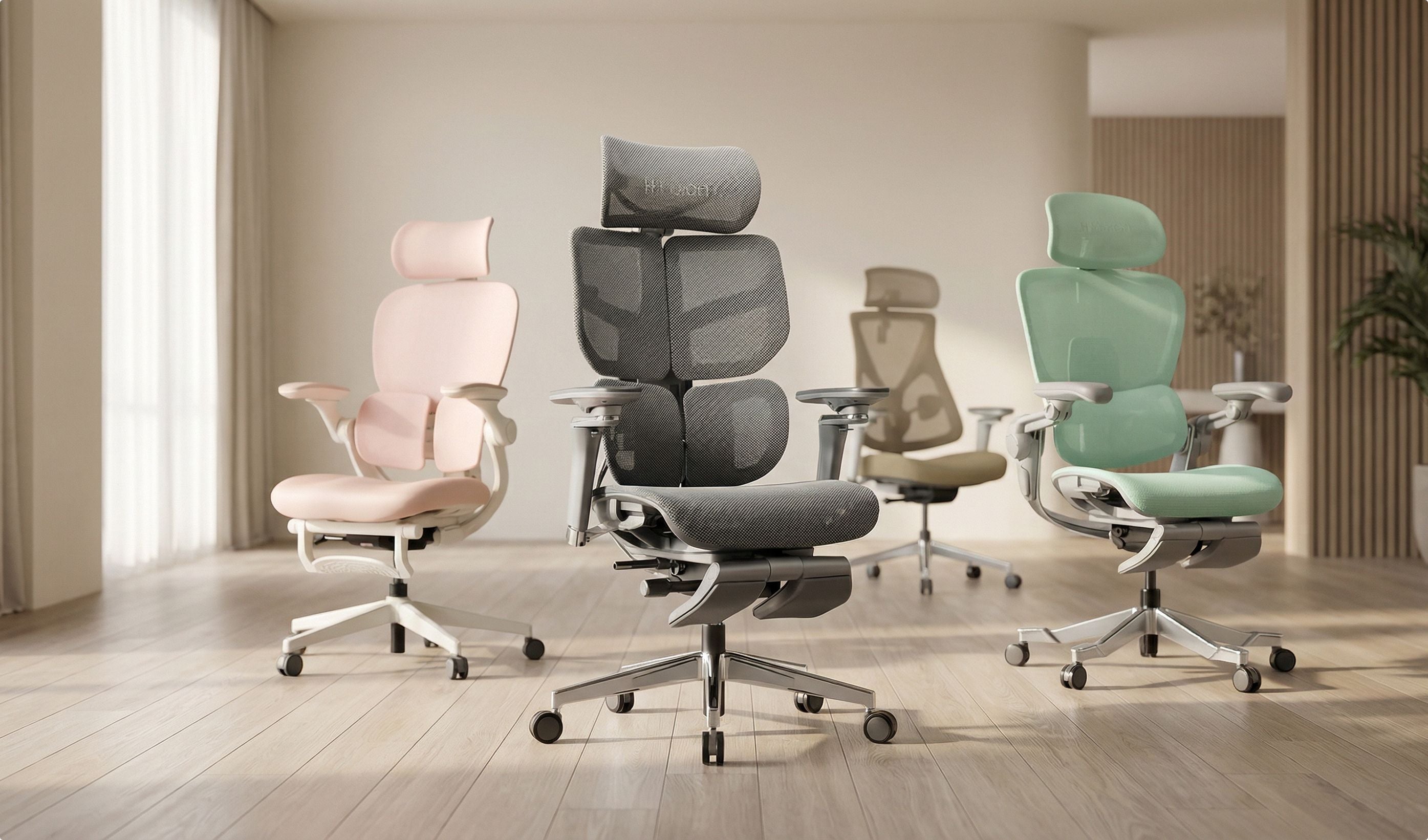 Four office chairs in different colors on a wooden floor with a neutral background
