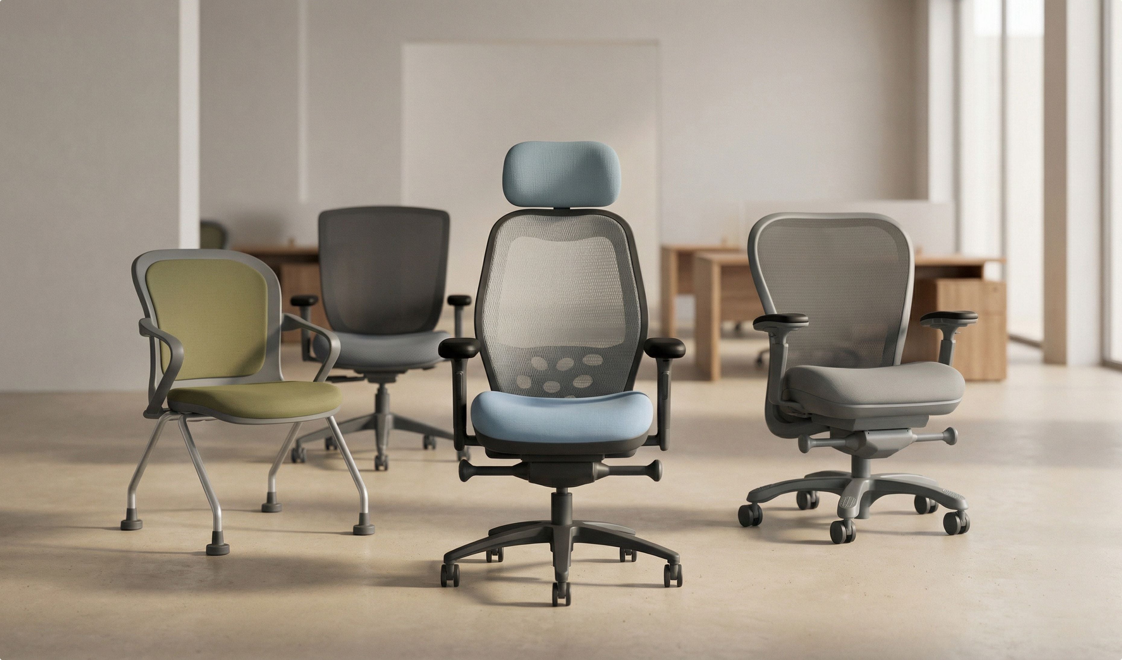 Collection of office chairs in a modern office setting