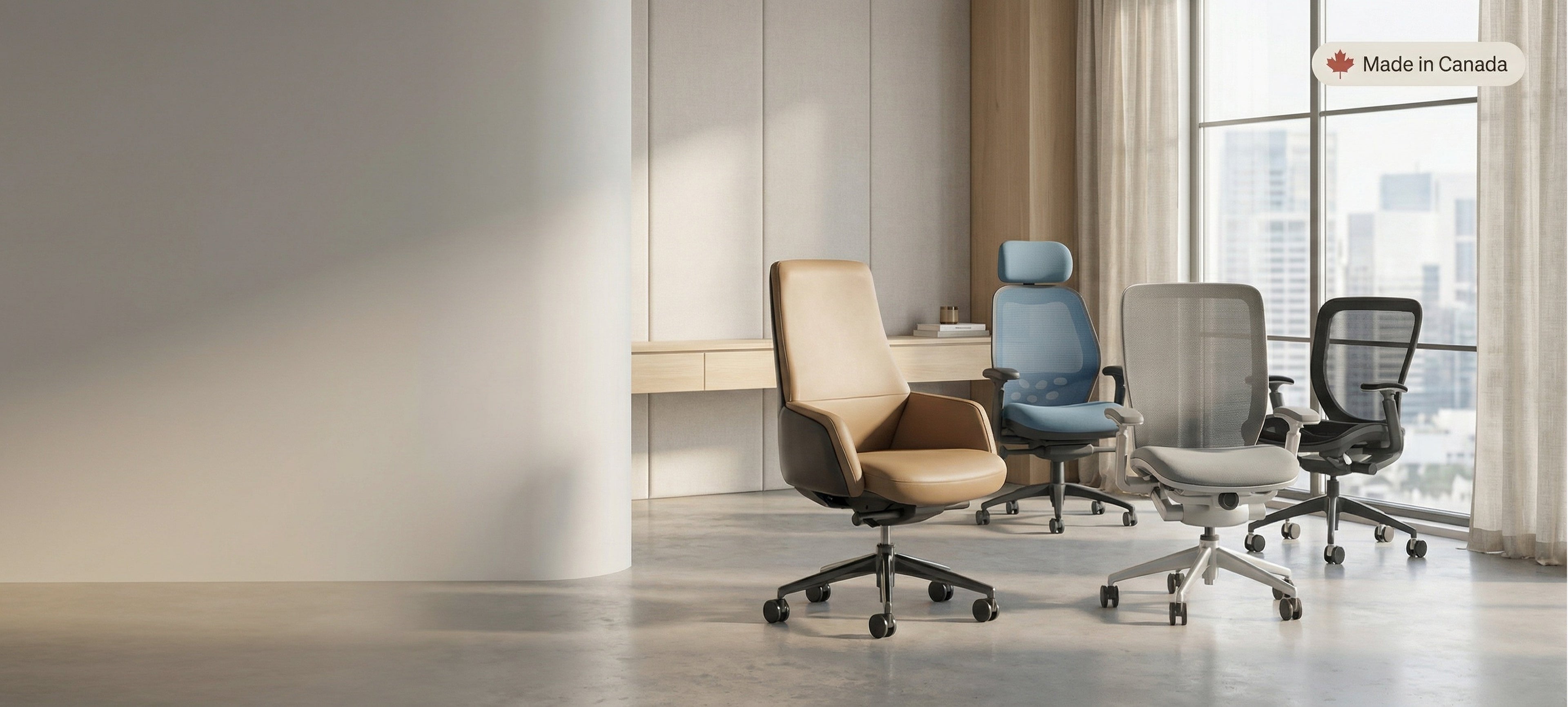 Modern office chairs in a bright room with large windows.